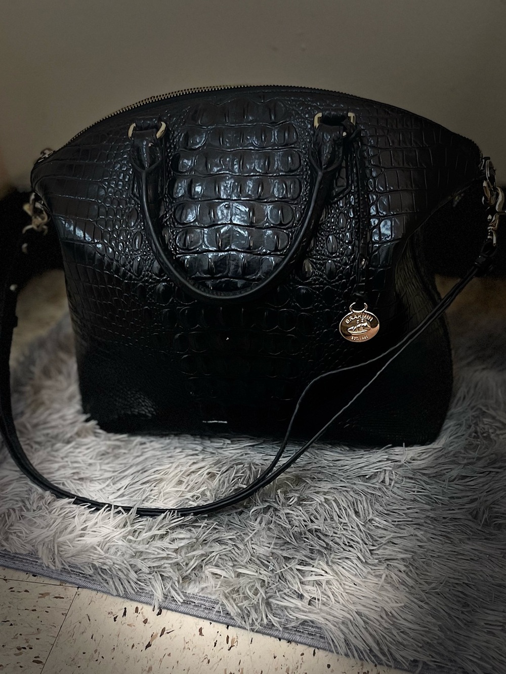 Brahmin Black Croc-Embossed Dome Satchel with Gold Charm